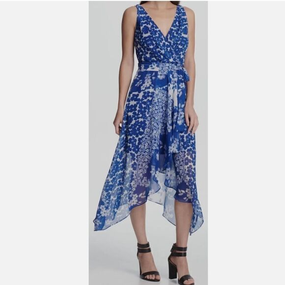 Dkny Women's Blue Mixed Floral Jersey Chiffon V-Neck Midi Wrap Dress Sz-2 - Picture 2 of 13